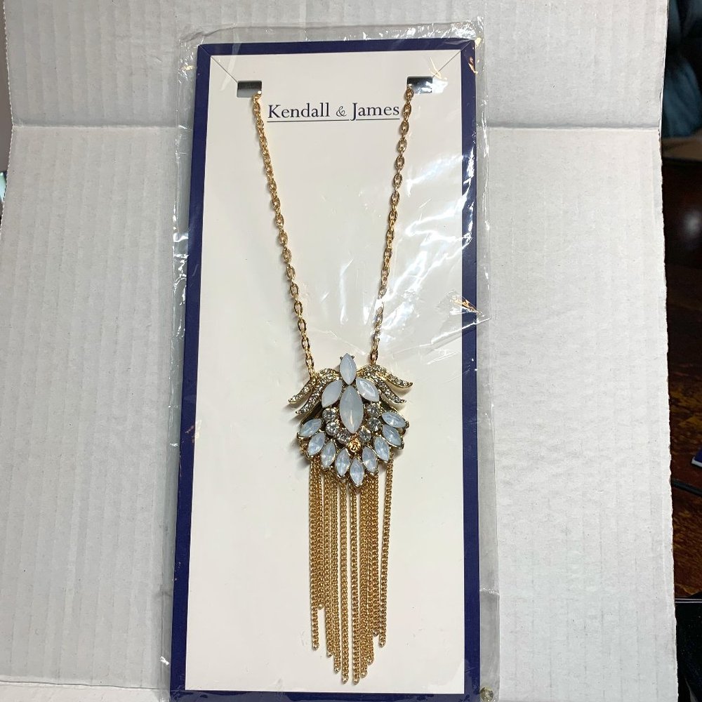 Kendall & James Gold Tone White Rhinestone Leaf Pendant Statement Necklace 15" L